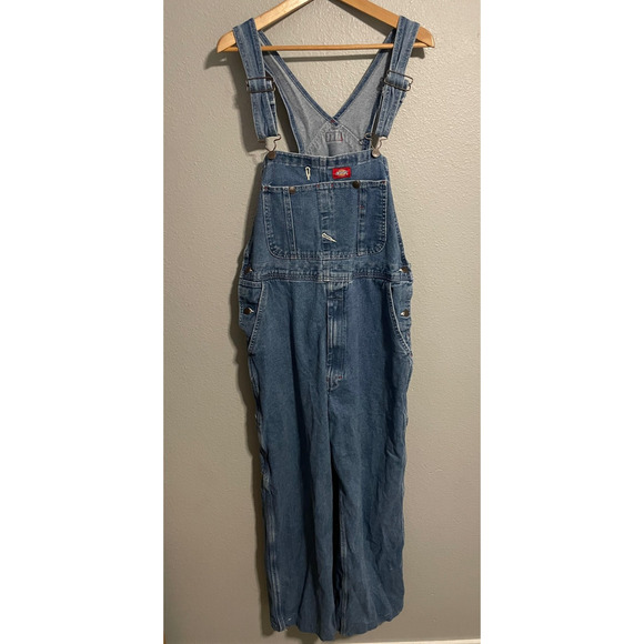 Dickies Denim Bib Overalls Mens Large Blue Carpenter Workwear Tool Pockets READ - Picture 1 of 9